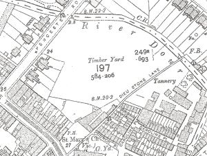 Map of 1907 showing Crundall's Timber Yard, which eventually became Pencester Gardens and the site of the Stembrook Tannery. Dover Library