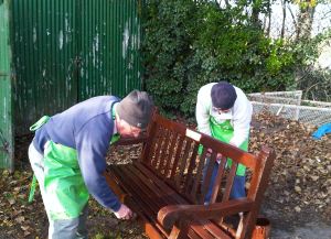 C PAG volunteers Pat Sherratt and Barry Wadsworth-Smith refurbishing a seat - Colette Boland 2013