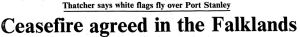 Times headline 15 June 1982 following the announcement of ceasefire in the Falklands