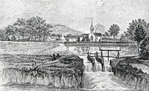 Charlton mill pond on the Dour with Barton Farm on left and Charlton SS Peter and Paul Church on the right. C1850. Sencicle collection