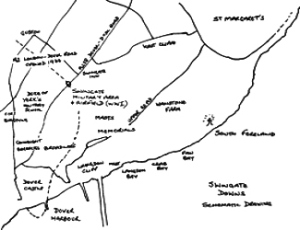 Swingate Down Map inc Military area. WWI Airfield, Masts, Memorials, Fort Burgoyne, South Foreland &amp; St Margarets LS